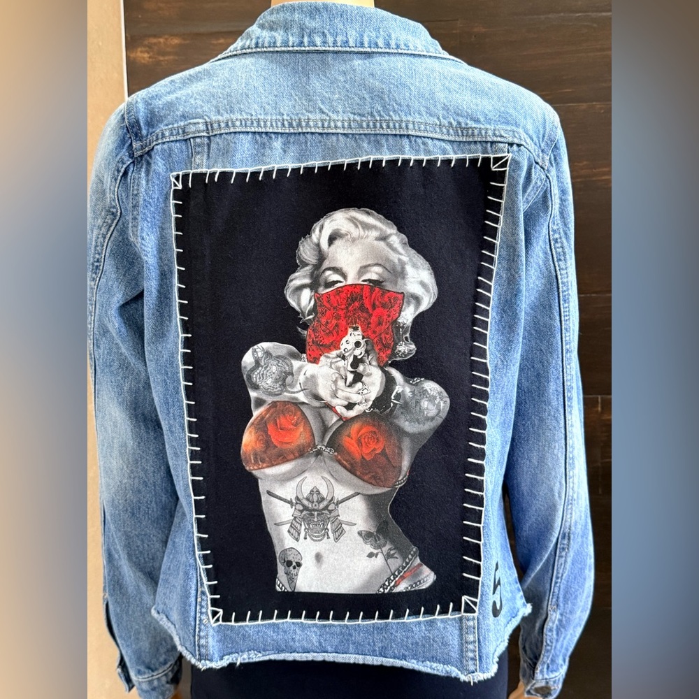 Upcycled Buffalo Tattooed Depiction of Marilyn Monroe Denim Jacket Size S